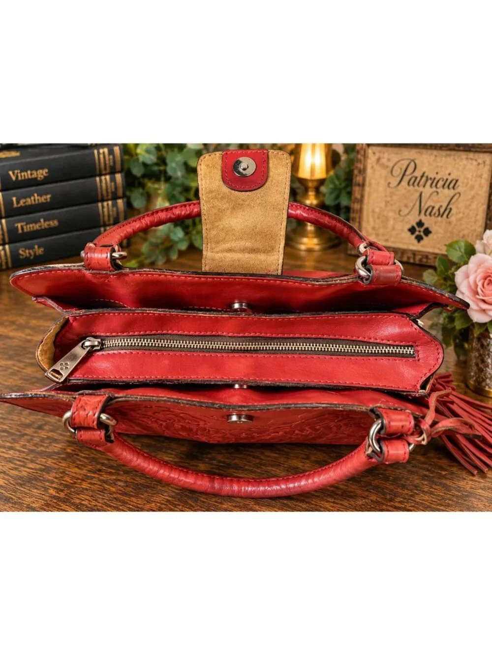 Patricia Nash Rienzo Satchel Rose Tooled Red Ochre Leather Tassel Handbag Purse